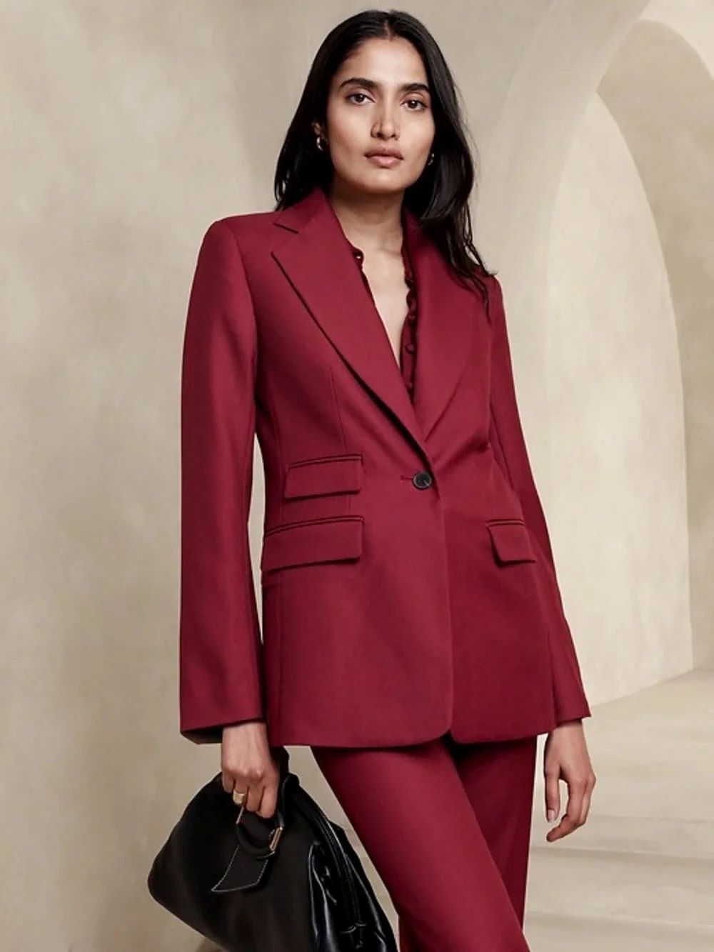 Banana Republic Lido Sculpted Italian Wool Blazer Pant Suit Set 12 Malbec Red
